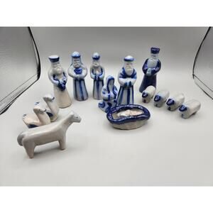 Vintage Eldreth Pottery Nativity Scene 15 piece set Salt Glaze Blue and Gray